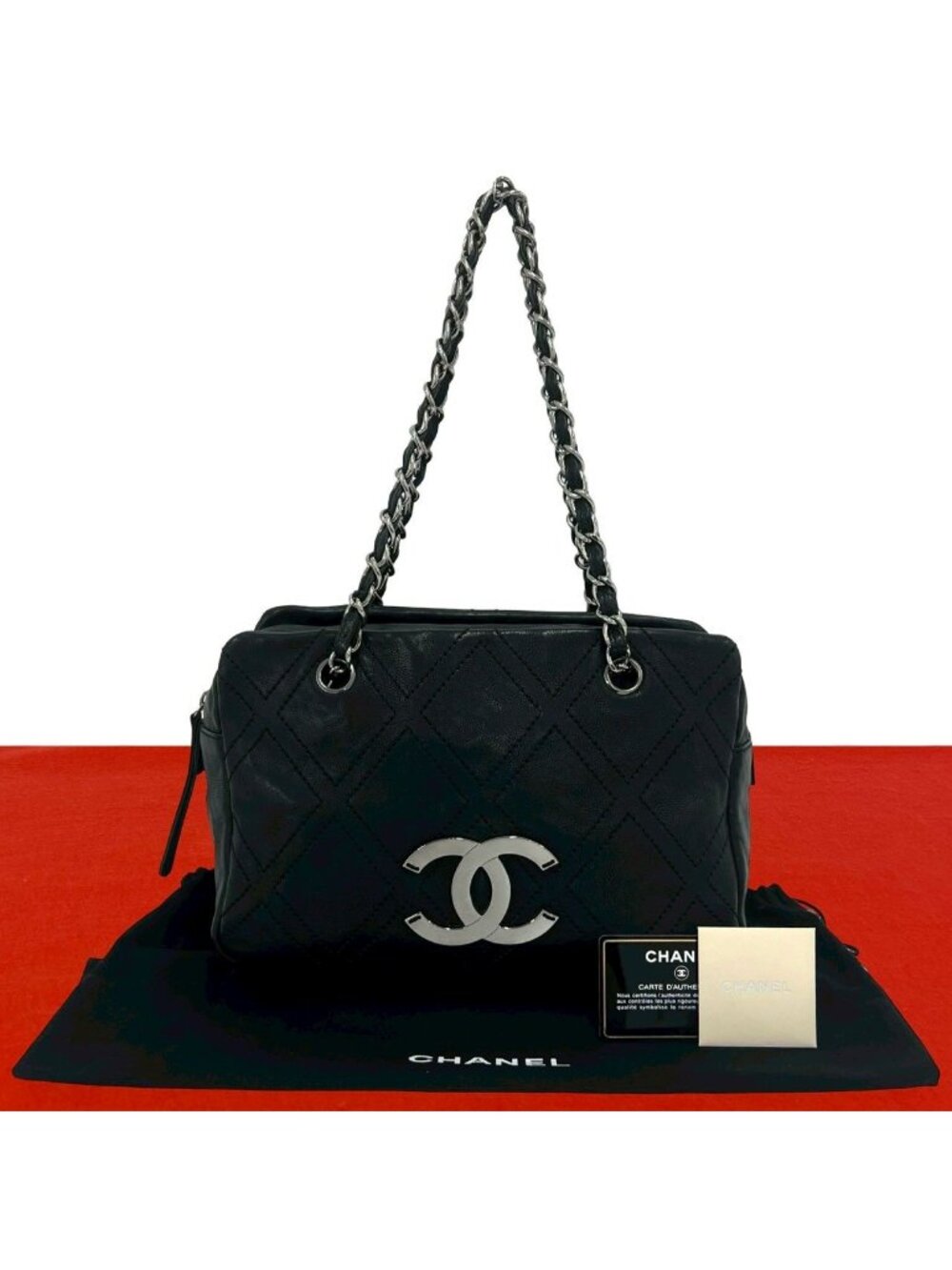 Chanel Card CC Logo Calf Leather Shoulder Bag Tote Black